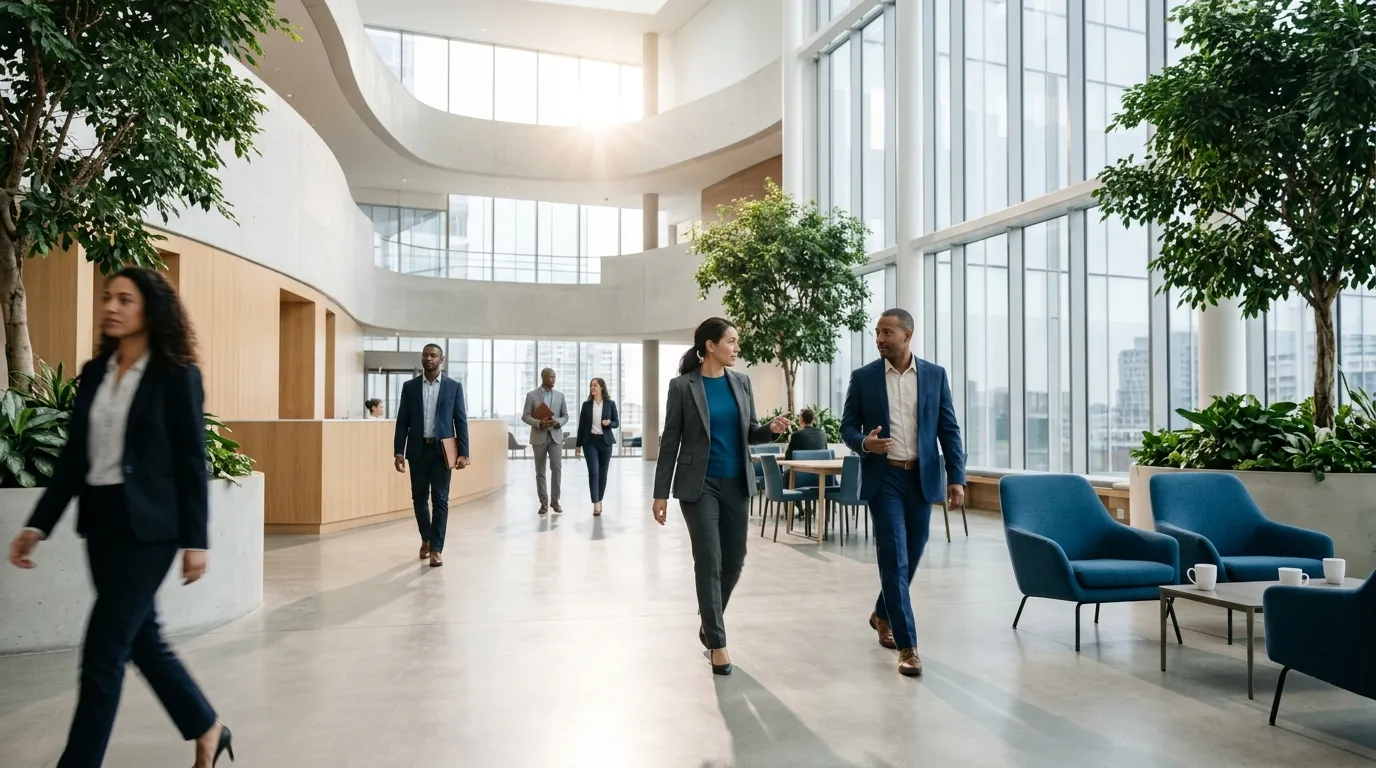 People moving through a sunlit modern atrium