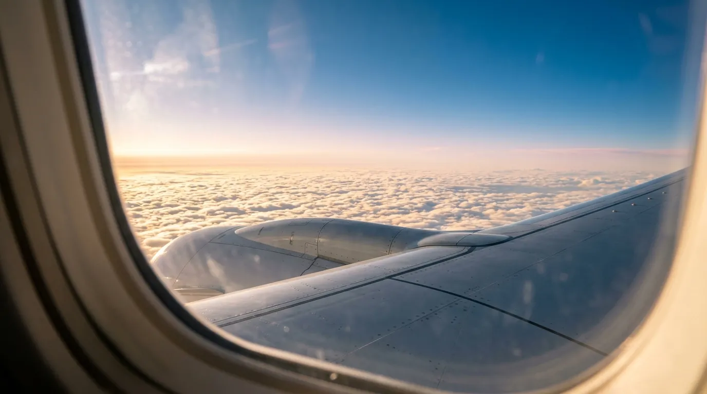 Airplane wing over a sunlit sea of clouds at dawn
