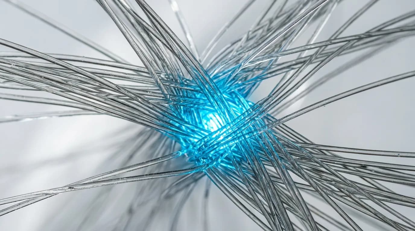Macro of illuminated fiber-optic threads converging at a bright node