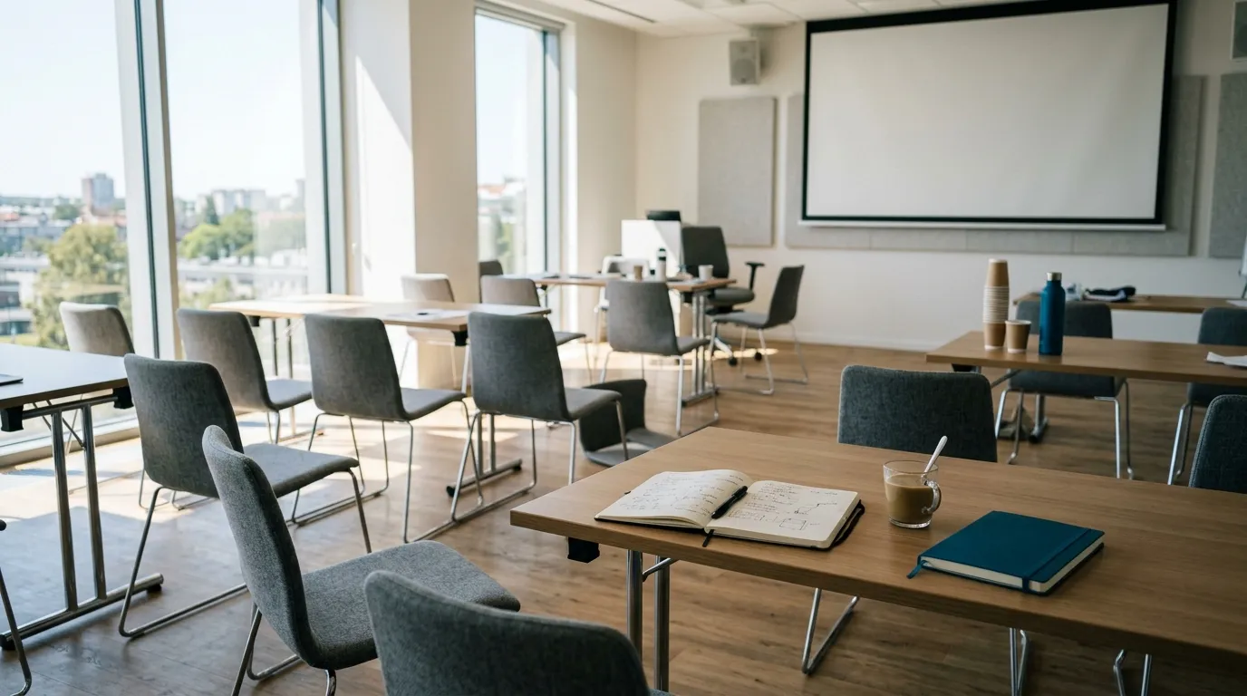 Empty bright training room with chairs pushed back after a session
