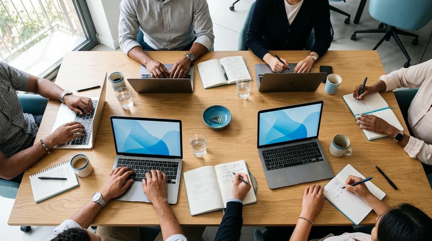 Overhead view of hands and laptops learning together at a bright table
