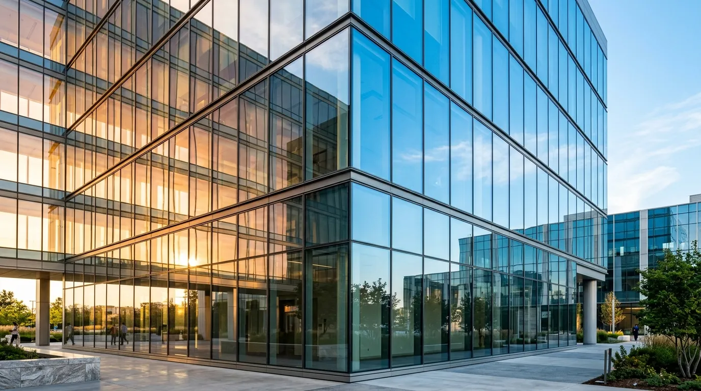 Two glass facades reflecting warm sunrise and cool azure sky