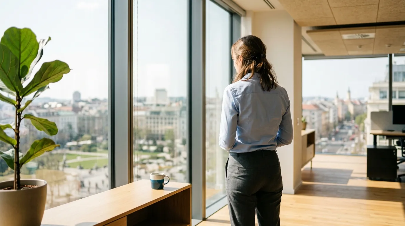 Professional seen from behind breathing out at a sunny window