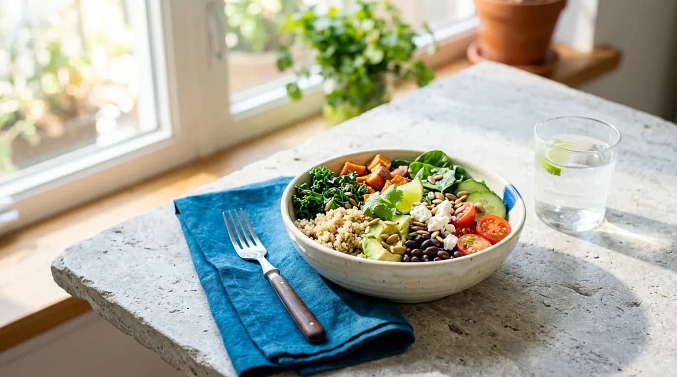 Vibrant healthy bowl on a bright table in natural light
