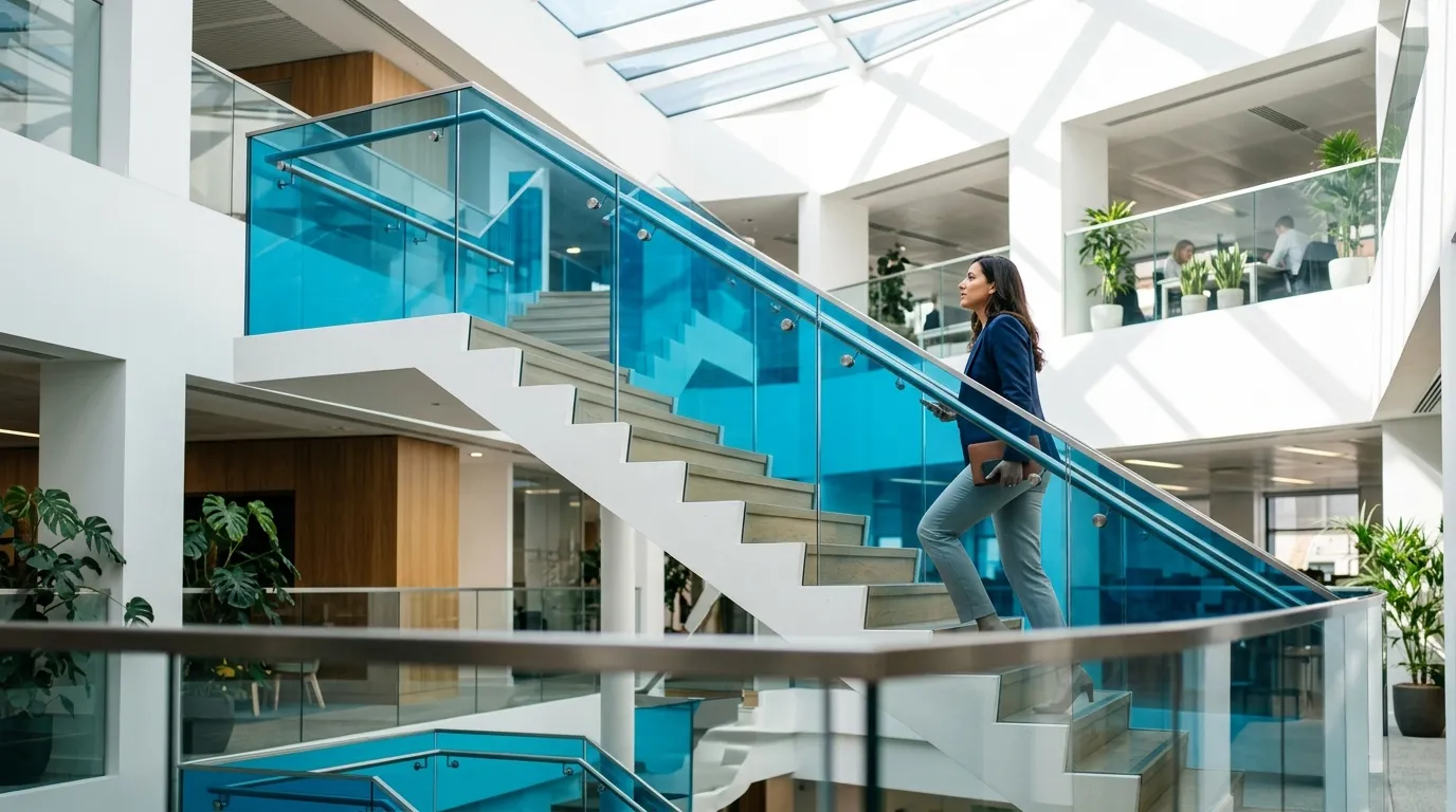 Modern staircase with three broad landings in bright light