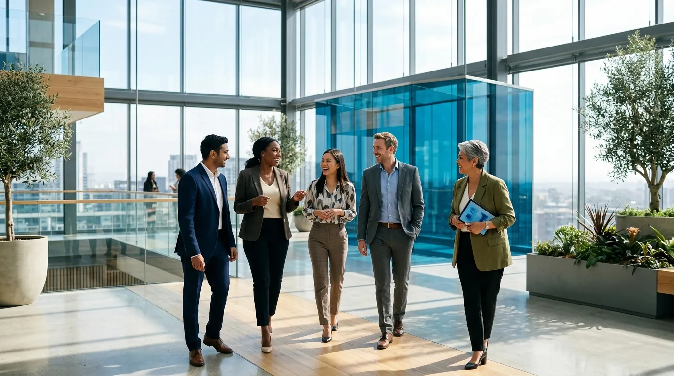 Leadership team in conversation in a sunlit modern glass atrium