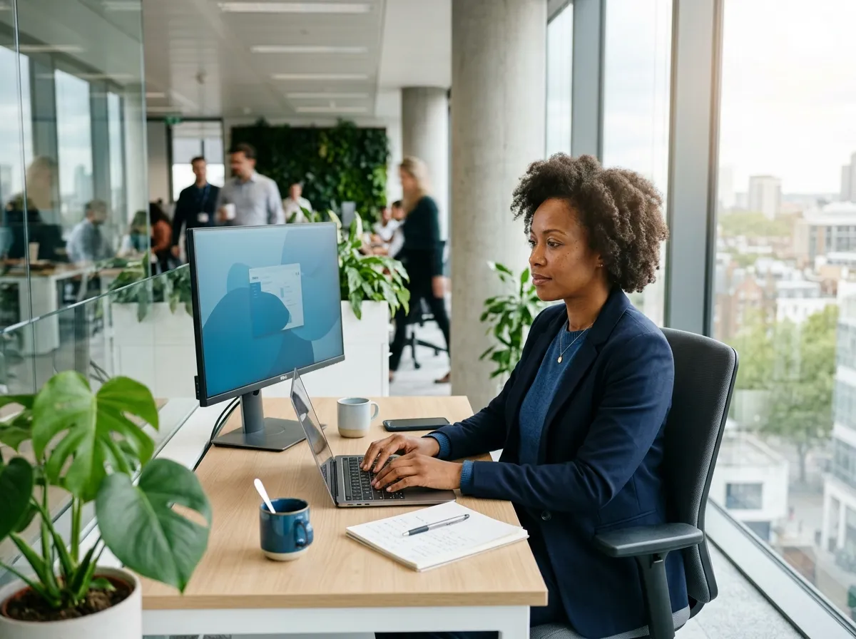Professional working at a bright desk with an abstract azure interface on screen