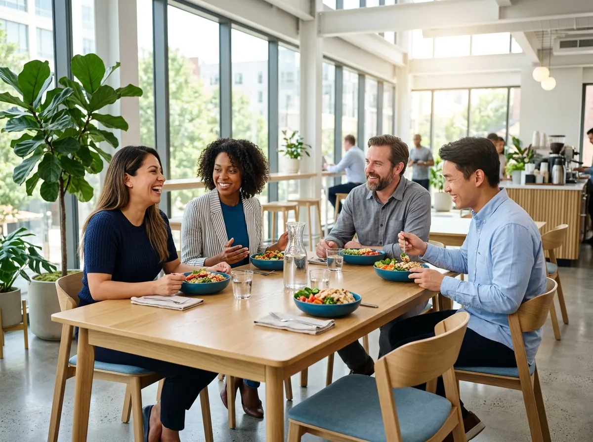 Colleagues sharing a healthy lunch at a bright office table