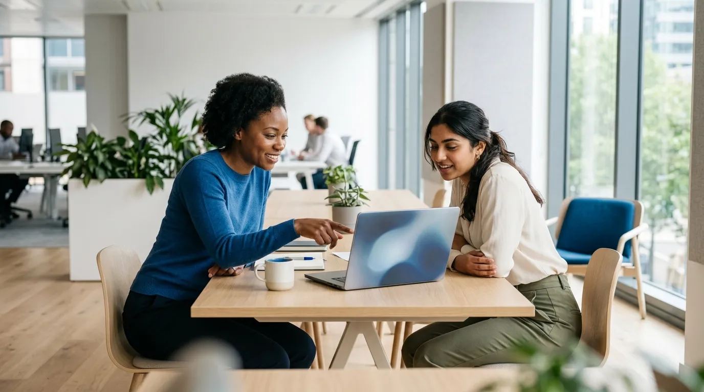 Mentor and professional working one-to-one at a laptop in a sunny workspace