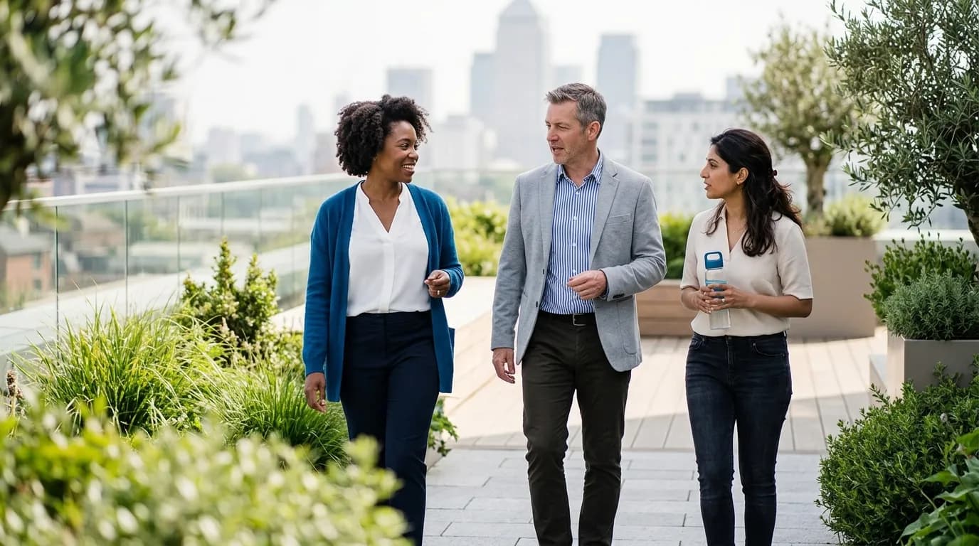 Colleagues in a walking meeting on a green rooftop terrace