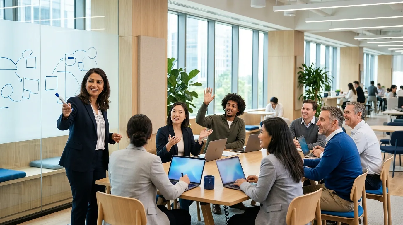 Facilitator leading an energized workshop beside a glass wall